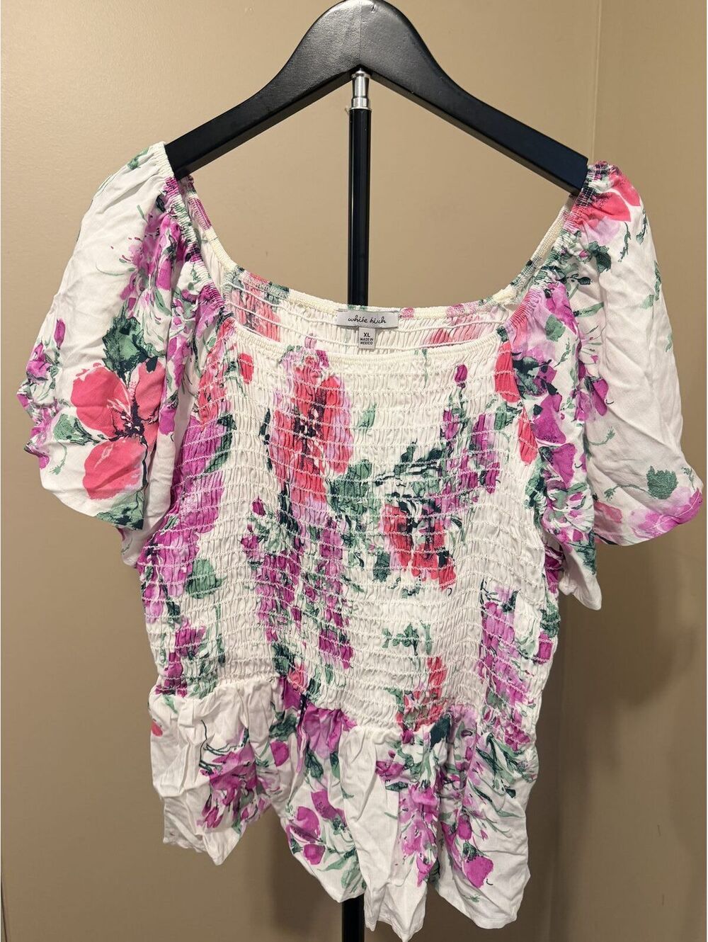 White Birch Pink Floral Smocked Top Size XL